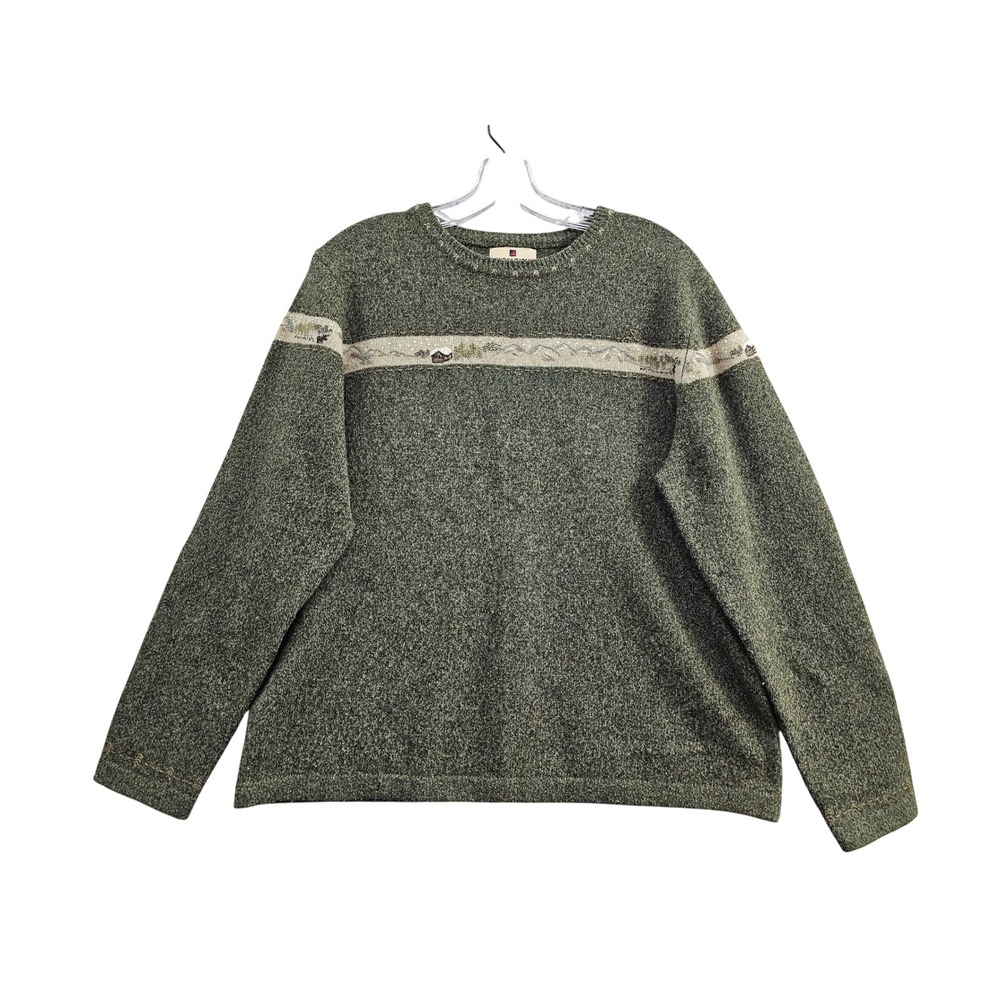 Woolrich Sweater Womens L Light Olive Lambswool Embroidered Cabin Scenic Knit